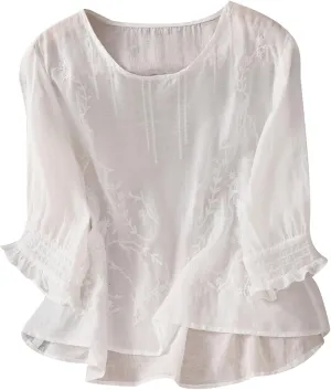 Women's Cotton Linen Embroidered Shirt Tops Boho 3/4 Sleeeve Tunic Top Dressy Elegant Blouse Scoop Neck Flowy Tees