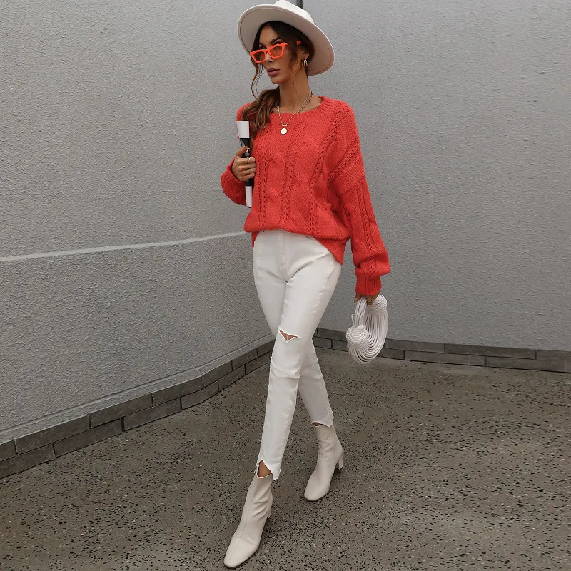 Women's Crochet Relaxed Crewneck Sweater Jumper
