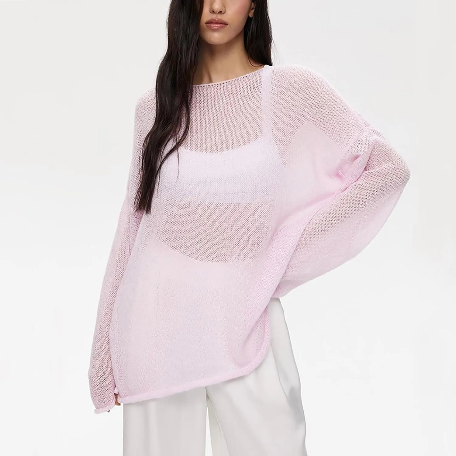 Women's Crochet Sweater Long Sleeve Hollow out Oversized Sweater Sheer Mesh Knit Sweater Lightweight Pullover Sweater