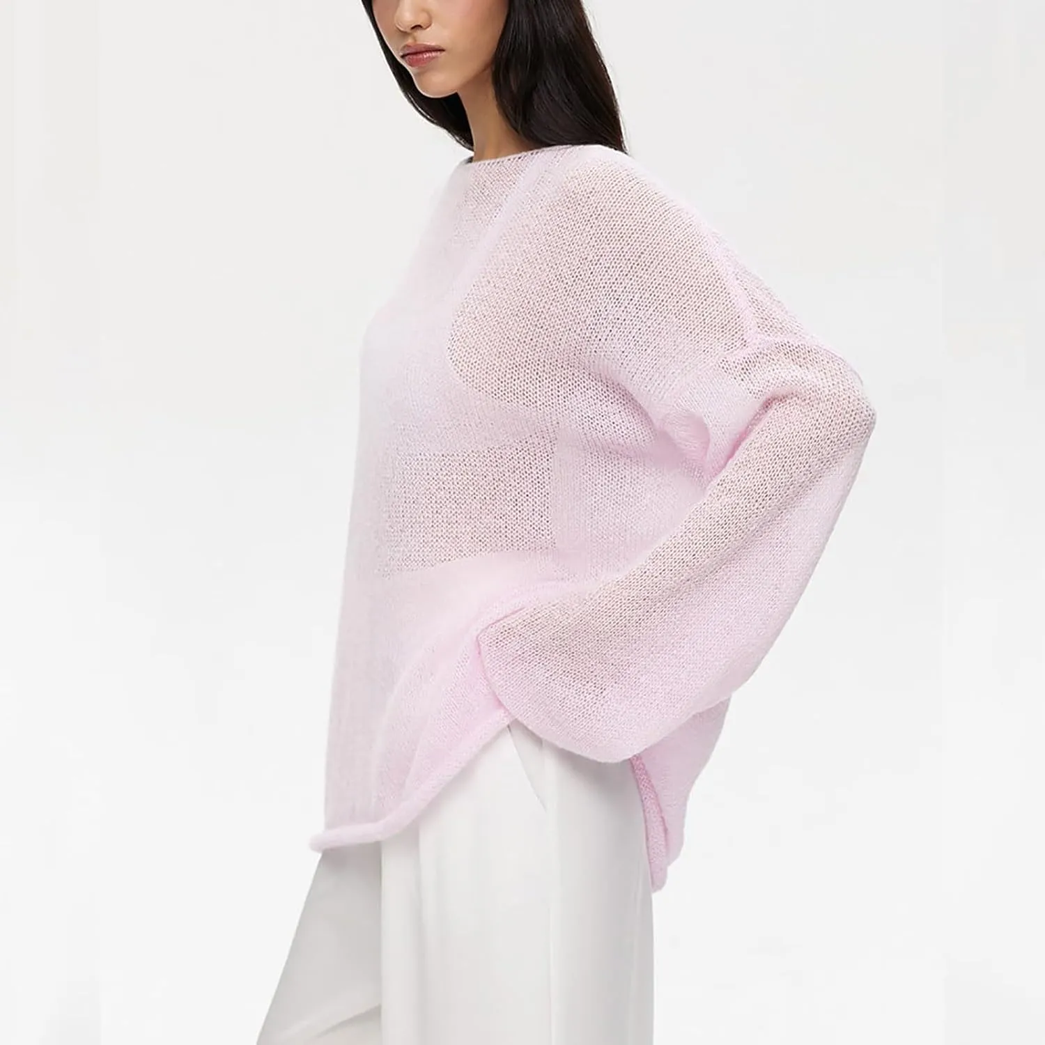 Women's Crochet Sweater Long Sleeve Hollow out Oversized Sweater Sheer Mesh Knit Sweater Lightweight Pullover Sweater