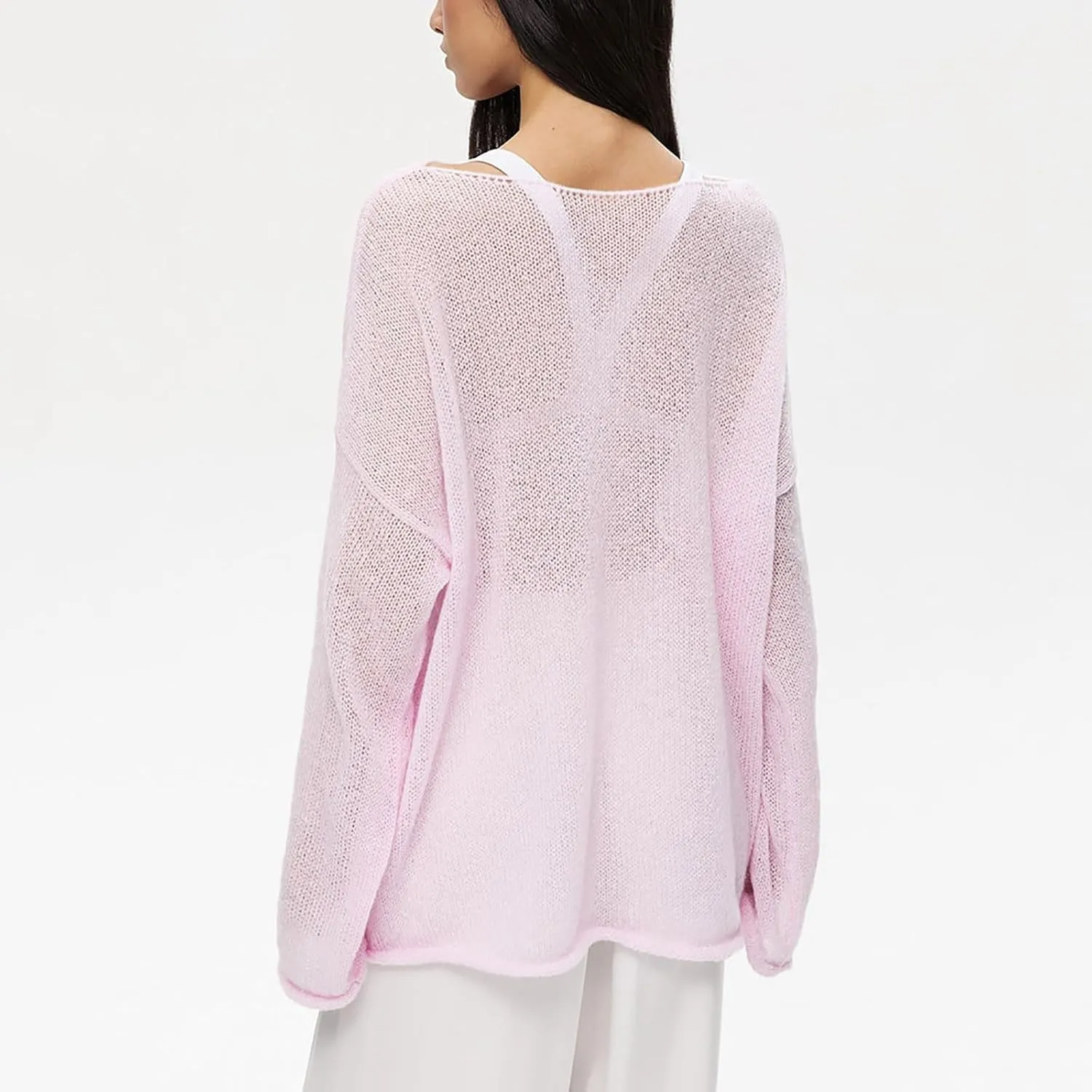 Women's Crochet Sweater Long Sleeve Hollow out Oversized Sweater Sheer Mesh Knit Sweater Lightweight Pullover Sweater