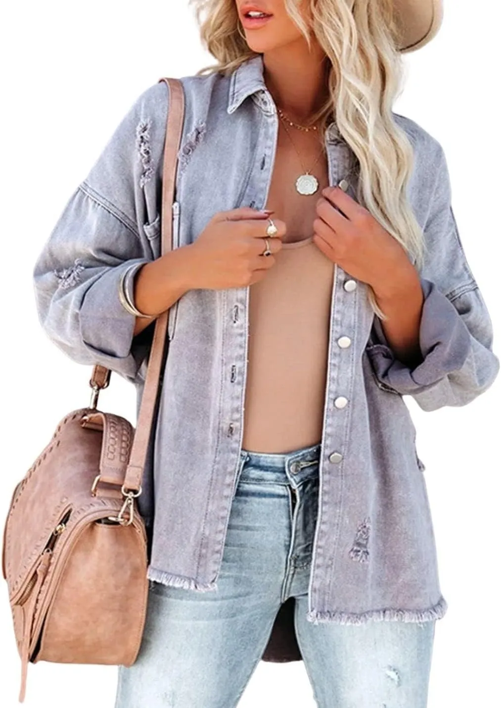 Womens Denim Jacket Long Sleeve Button down Distressed Frayed Washed Jean Jackets with Pocket