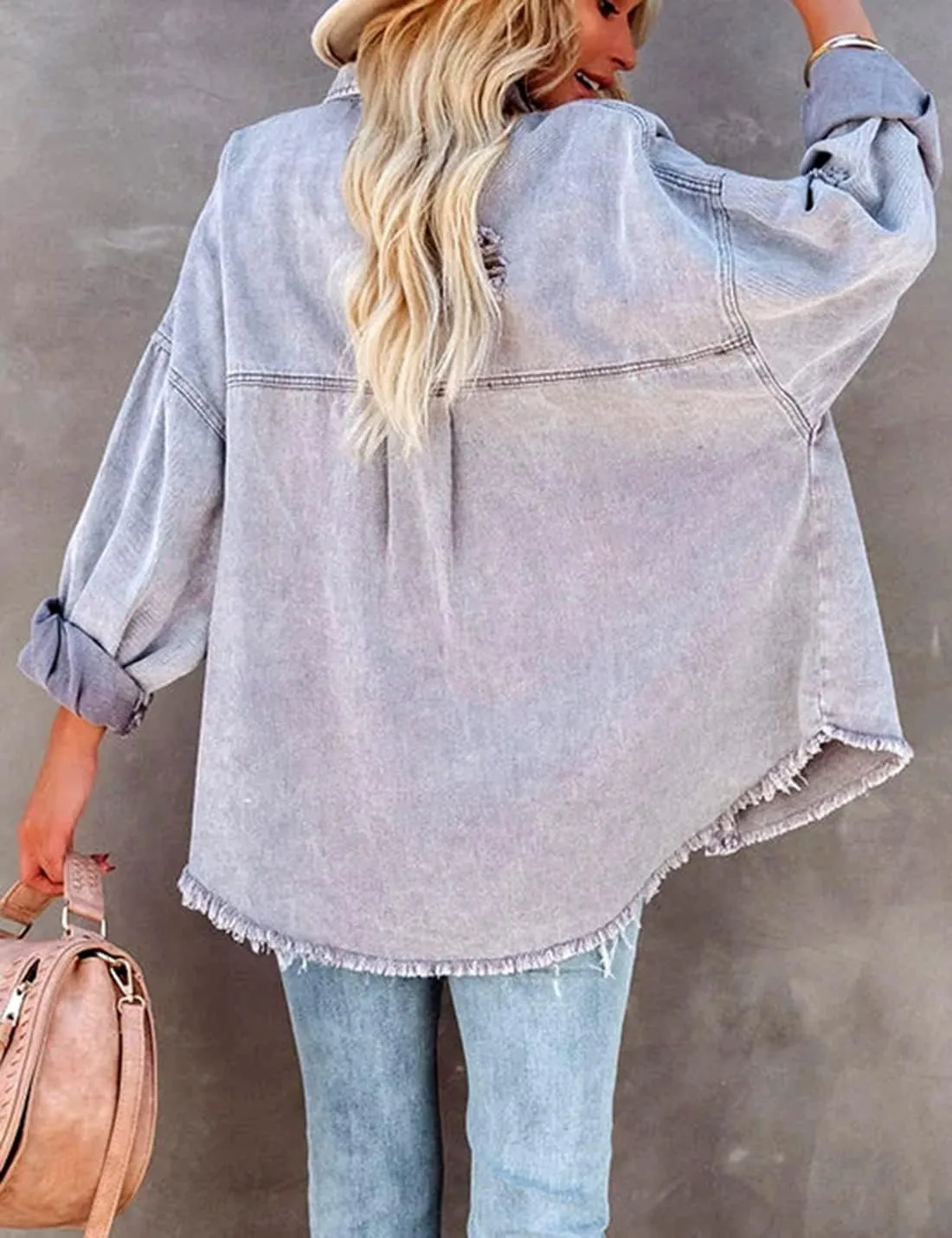 Womens Denim Jacket Long Sleeve Button down Distressed Frayed Washed Jean Jackets with Pocket