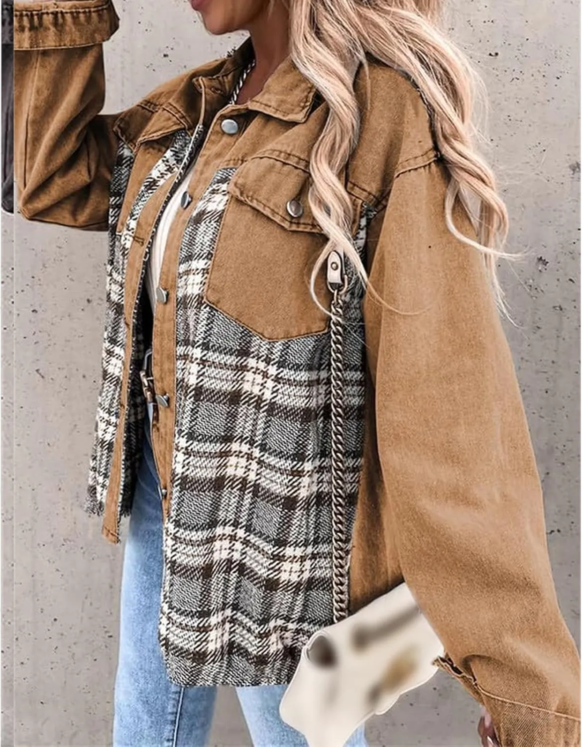 Womens Denim Jacket Oversized Boyfriend Jean Jacket Casual Long Sleeve Button Down Plaid Shacket Jacket with Pockets