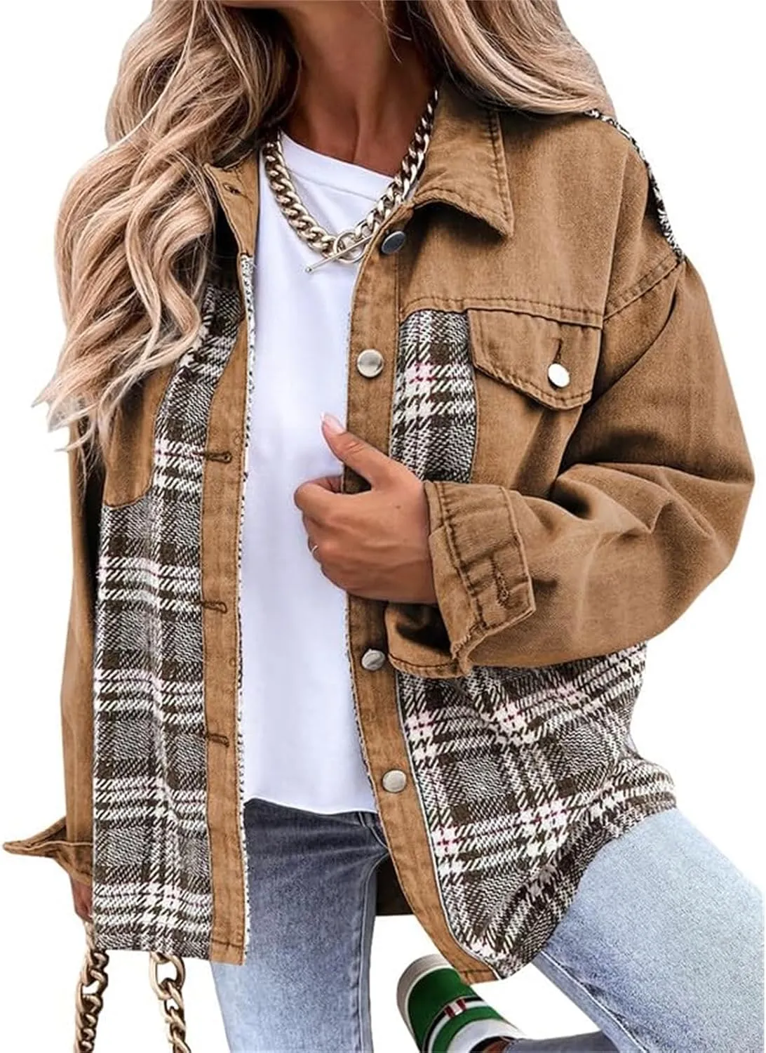 Womens Denim Jacket Oversized Boyfriend Jean Jacket Casual Long Sleeve Button Down Plaid Shacket Jacket with Pockets