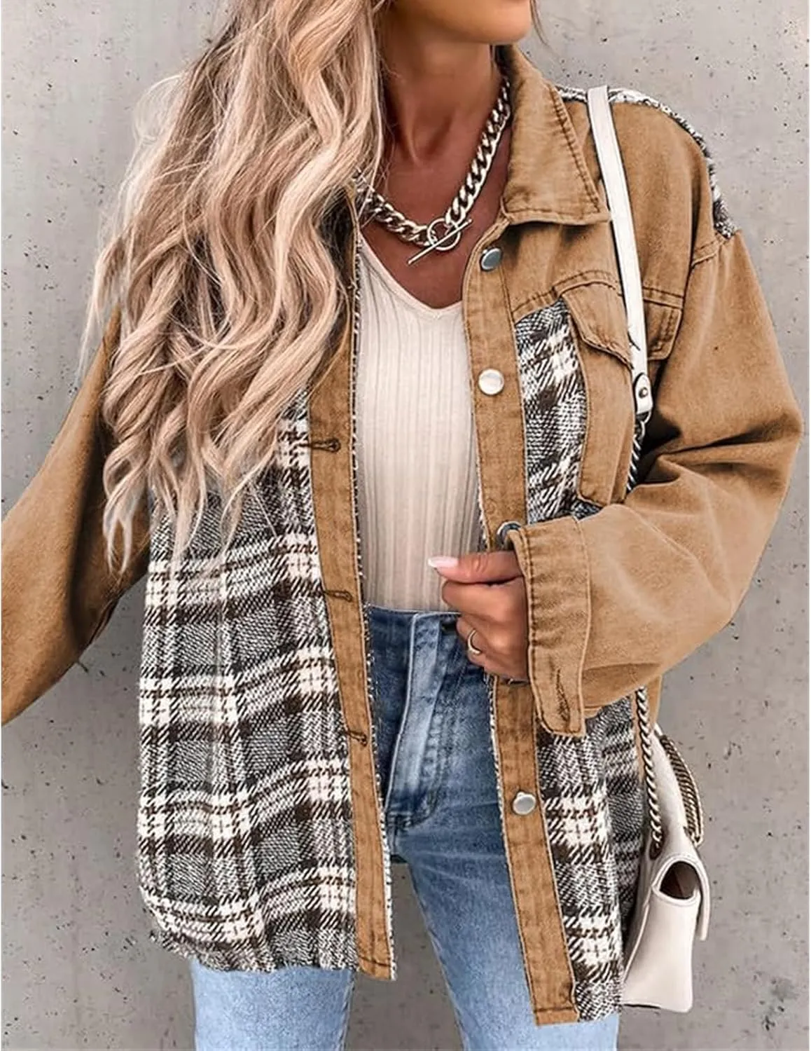 Womens Denim Jacket Oversized Boyfriend Jean Jacket Casual Long Sleeve Button Down Plaid Shacket Jacket with Pockets