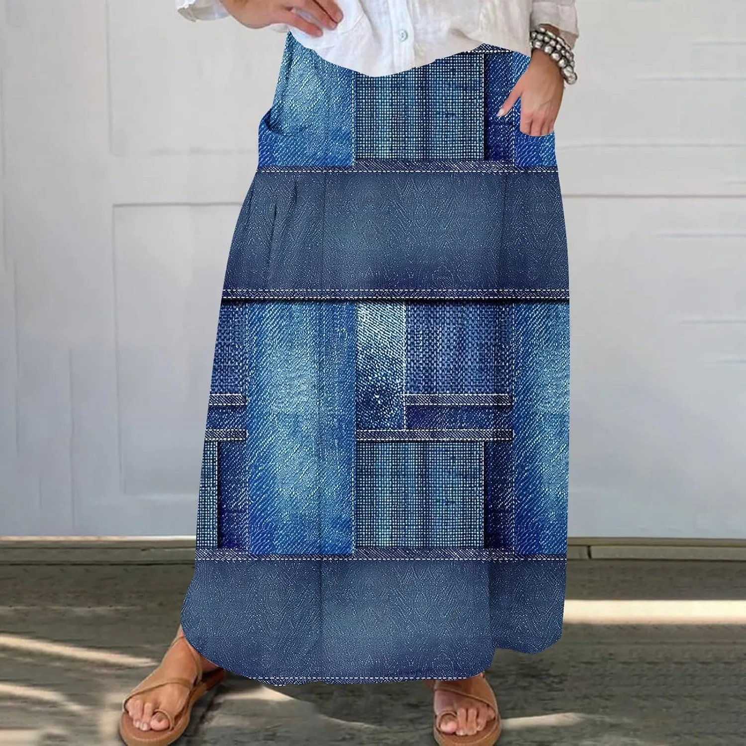 Womens Denim Printed Elastic Belt Curvy Women Pleated Pocket Skirt Calf Skirt Flowy Pleated Dresses with Belt Pockets