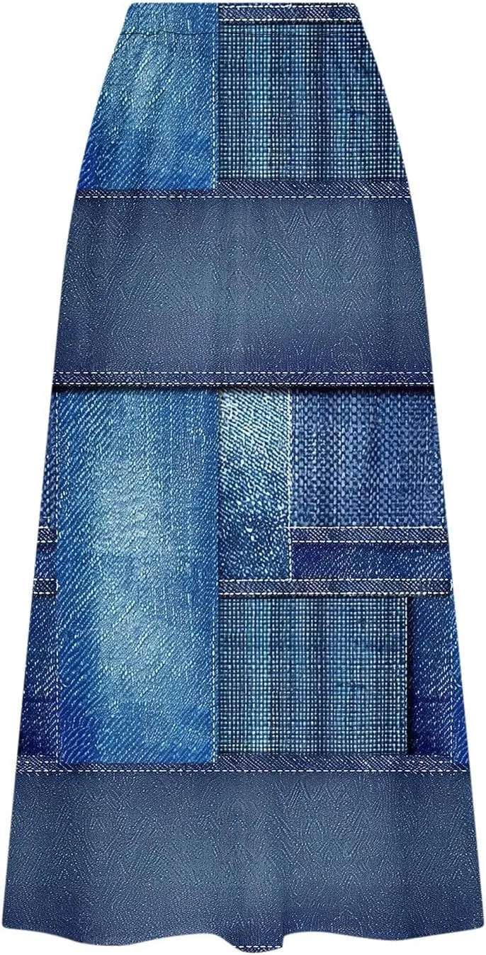 Womens Denim Printed Elastic Belt Curvy Women Pleated Pocket Skirt Calf Skirt Flowy Pleated Dresses with Belt Pockets