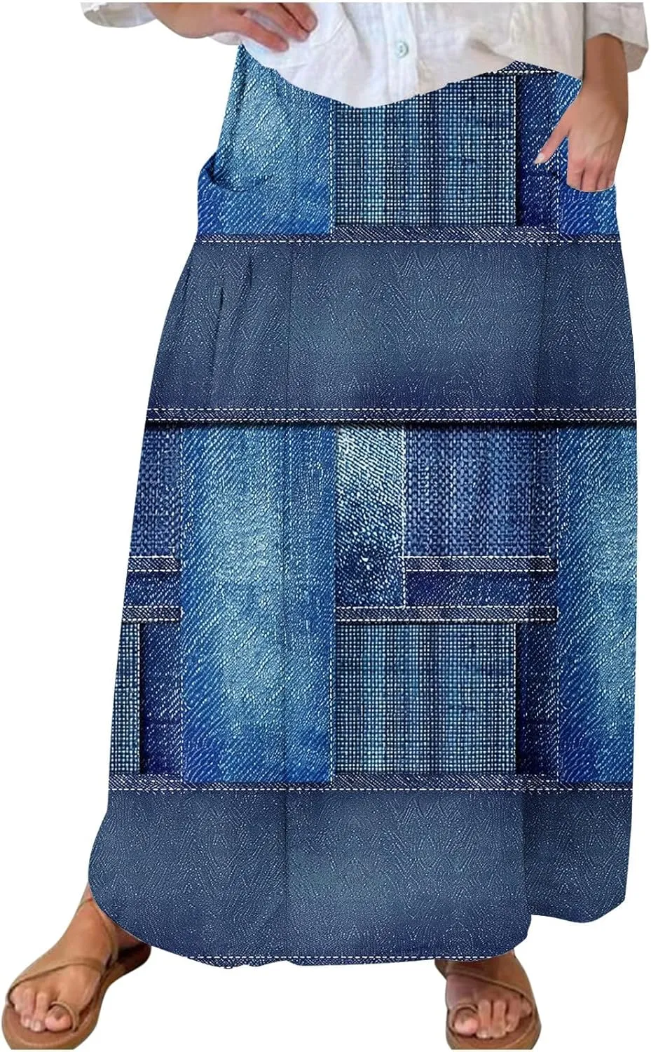 Womens Denim Printed Elastic Belt Curvy Women Pleated Pocket Skirt Calf Skirt Flowy Pleated Dresses with Belt Pockets