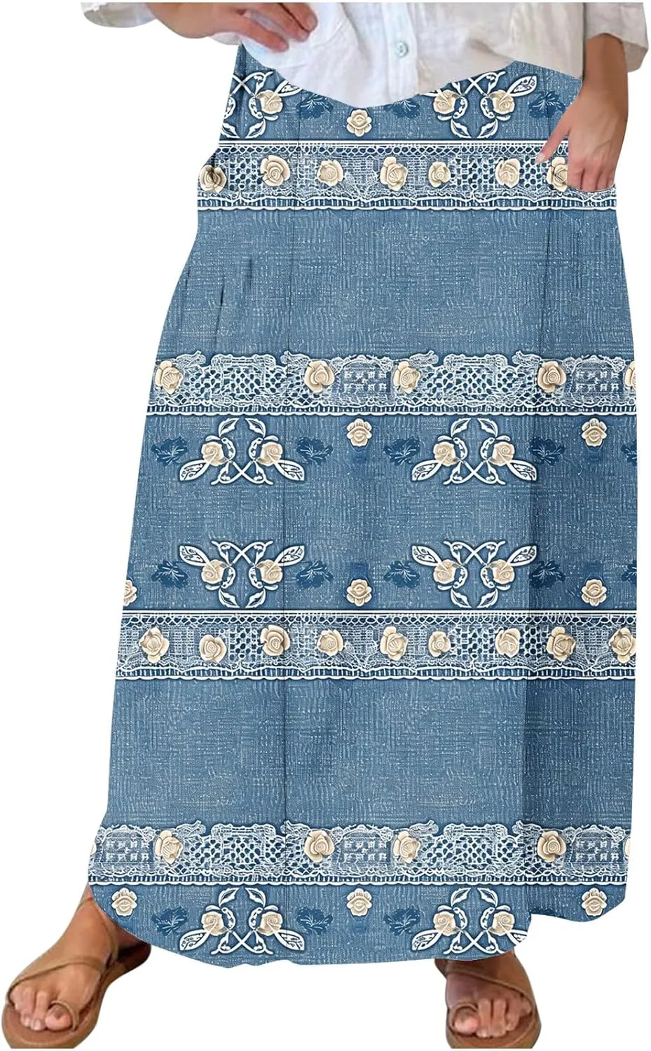 Womens Denim Printed Elastic Belt Curvy Women Pleated Pocket Skirt Calf Skirt Flowy Pleated Dresses with Belt Pockets