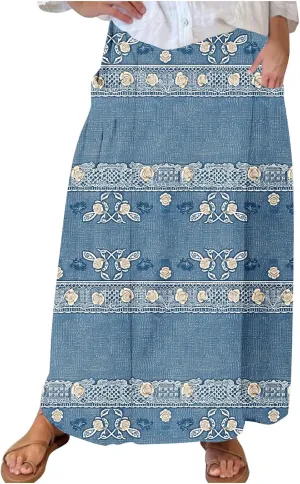 Womens Denim Printed Elastic Belt Curvy Women Pleated Pocket Skirt Calf Skirt Flowy Pleated Dresses with Belt Pockets