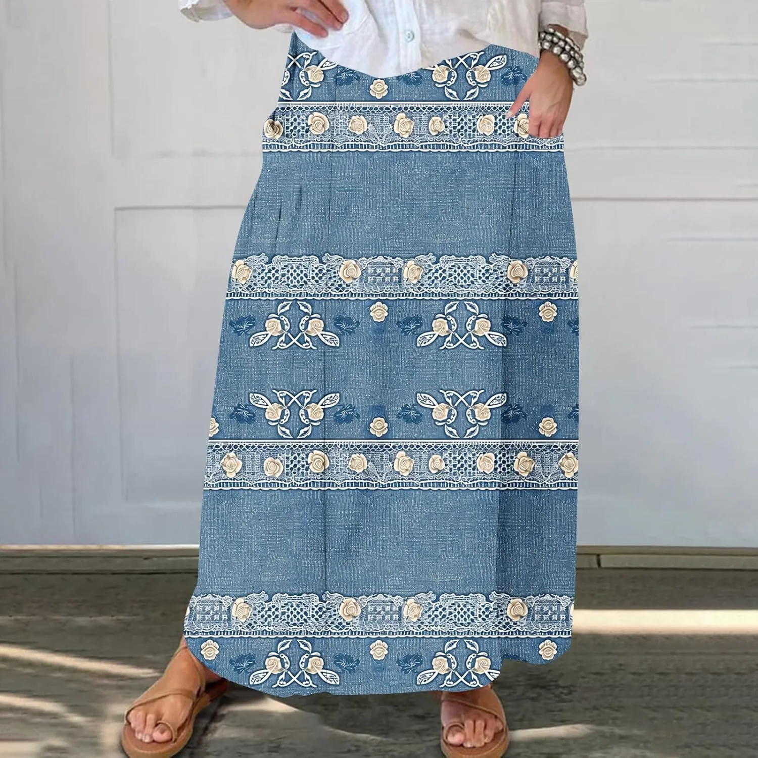 Womens Denim Printed Elastic Belt Curvy Women Pleated Pocket Skirt Calf Skirt Flowy Pleated Dresses with Belt Pockets