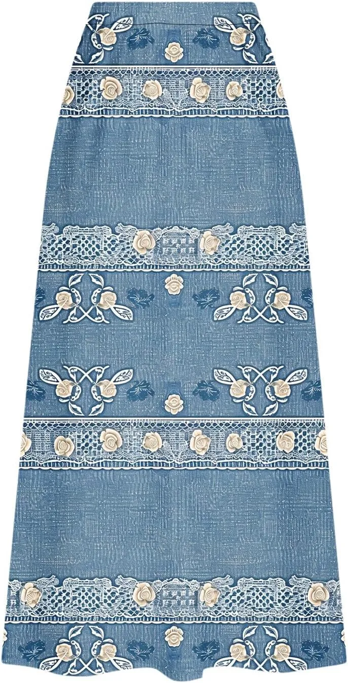 Womens Denim Printed Elastic Belt Curvy Women Pleated Pocket Skirt Calf Skirt Flowy Pleated Dresses with Belt Pockets