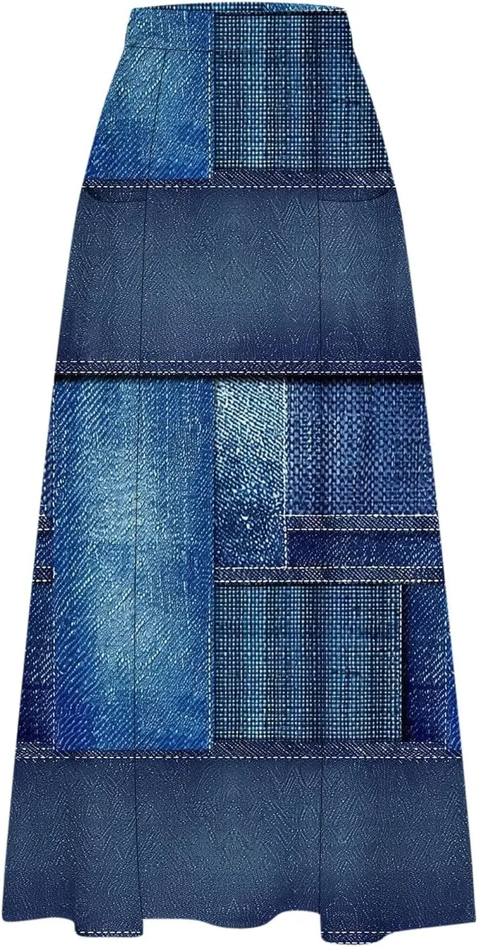 Womens Denim Printed Elastic Belt Curvy Women Pleated Pocket Skirt Calf Skirt Flowy Pleated Dresses with Belt Pockets
