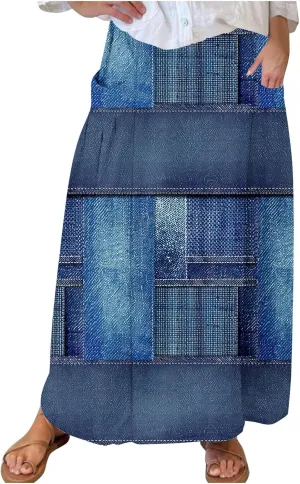 Womens Denim Printed Elastic Belt Curvy Women Pleated Pocket Skirt Calf Skirt Flowy Pleated Dresses with Belt Pockets