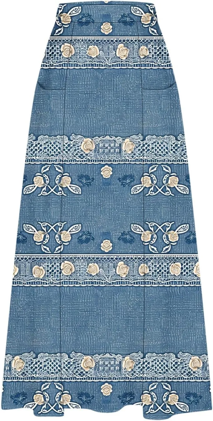 Womens Denim Printed Elastic Belt Curvy Women Pleated Pocket Skirt Calf Skirt Flowy Pleated Dresses with Belt Pockets