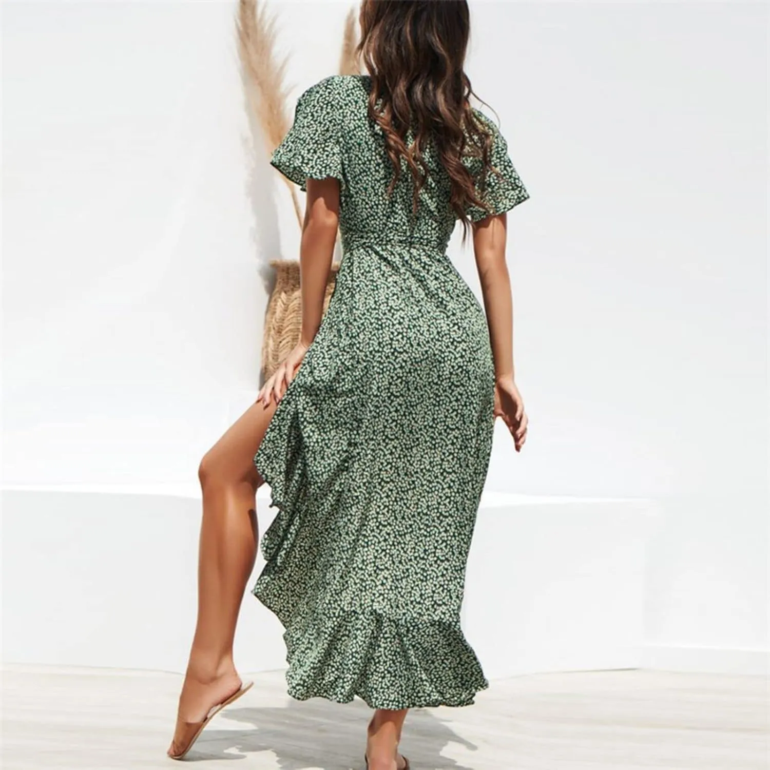 Womens Dresses Bohemian Floral Wrap Maxi Dress Patchwork Casual V Neck Short Sleeve Split Ruffle Long Dress with Belt