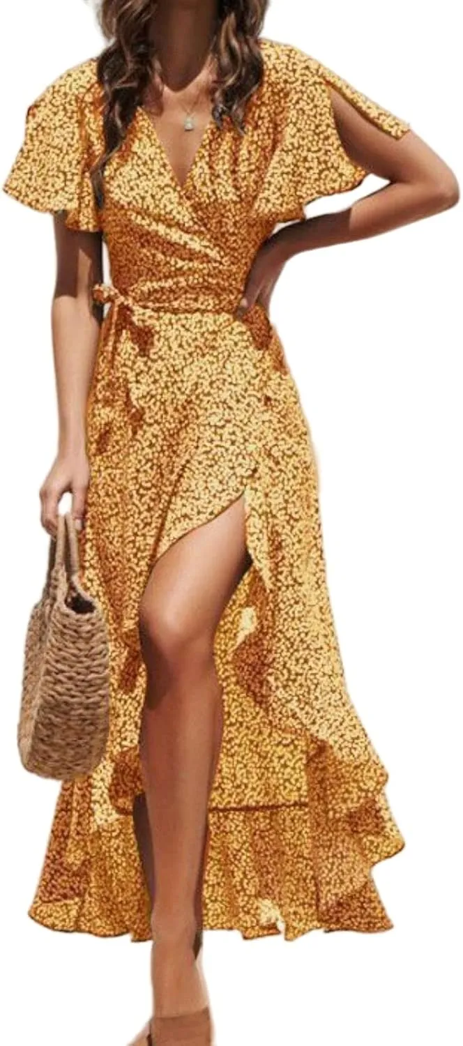 Womens Dresses Bohemian Floral Wrap Maxi Dress Patchwork Casual V Neck Short Sleeve Split Ruffle Long Dress with Belt