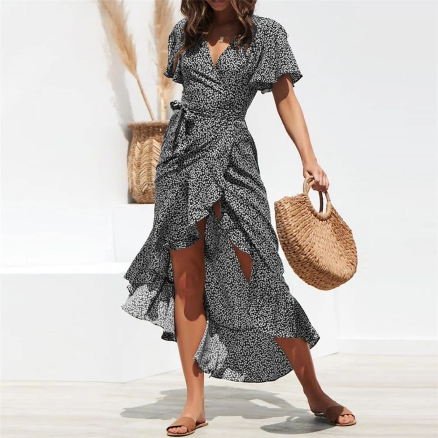 Womens Dresses Bohemian Floral Wrap Maxi Dress Patchwork Casual V Neck Short Sleeve Split Ruffle Long Dress with Belt