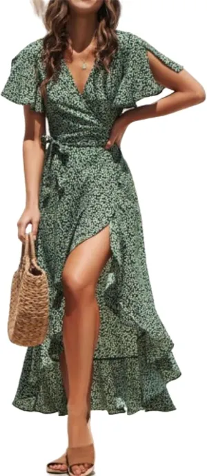 Womens Dresses Bohemian Floral Wrap Maxi Dress Patchwork Casual V Neck Short Sleeve Split Ruffle Long Dress with Belt
