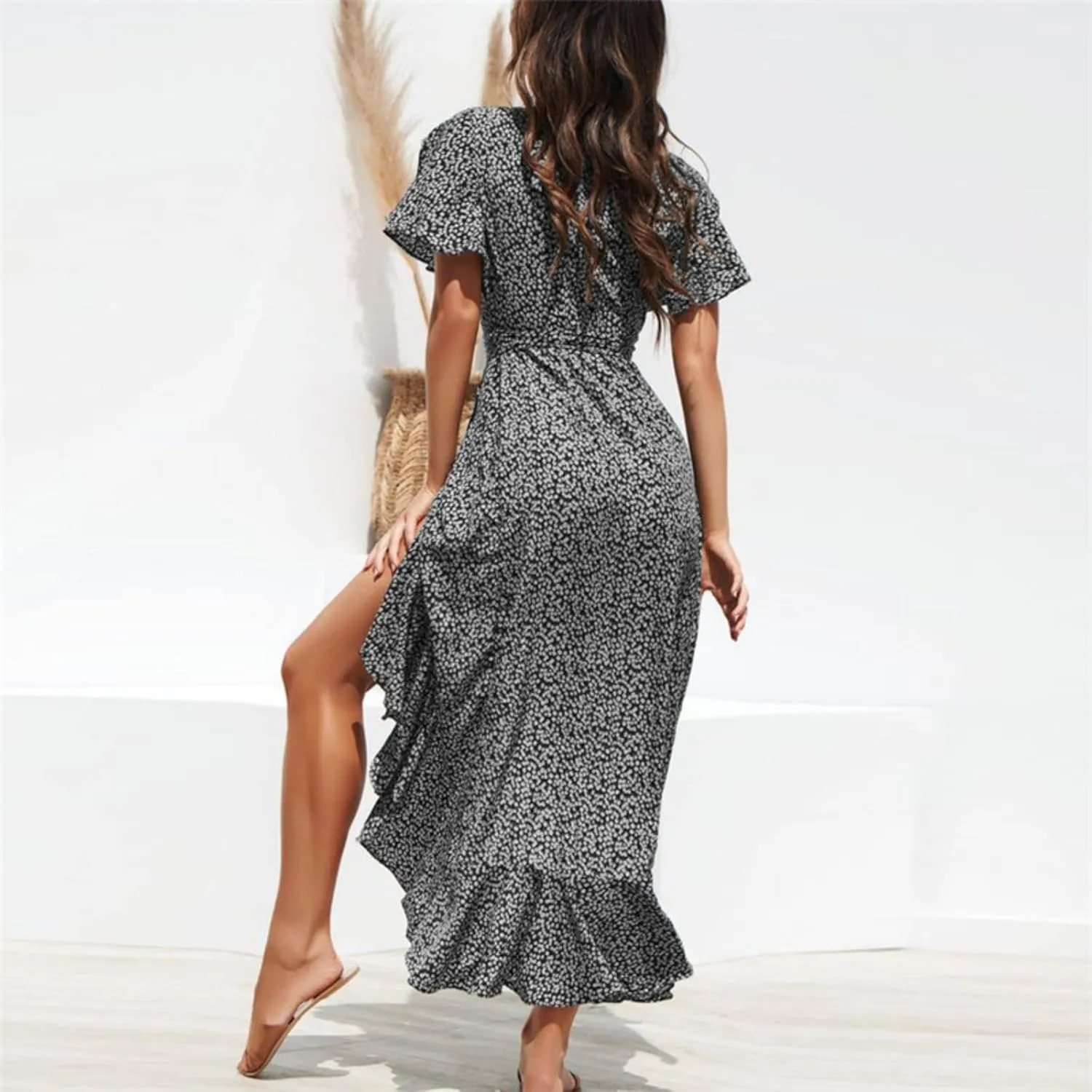 Womens Dresses Bohemian Floral Wrap Maxi Dress Patchwork Casual V Neck Short Sleeve Split Ruffle Long Dress with Belt