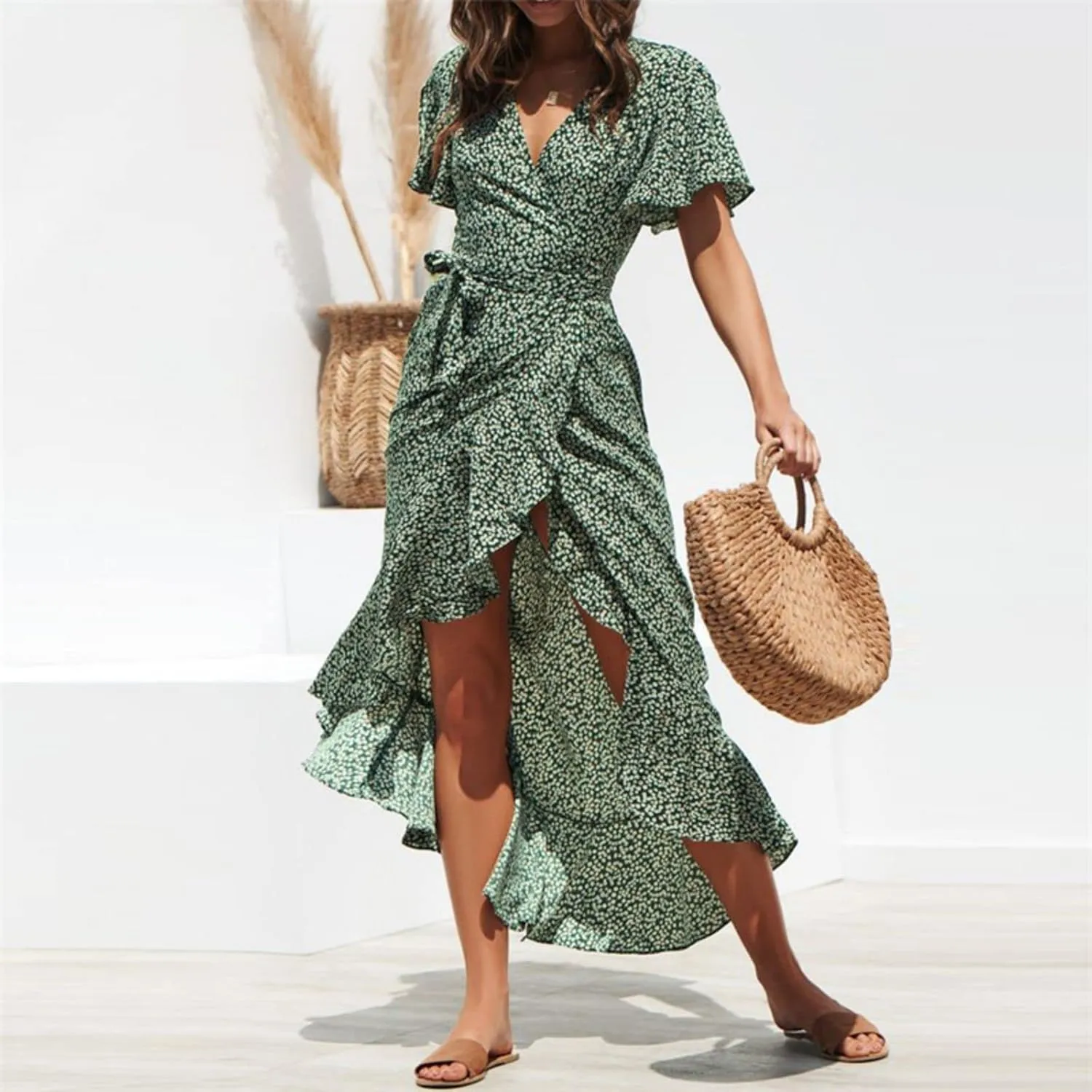 Womens Dresses Bohemian Floral Wrap Maxi Dress Patchwork Casual V Neck Short Sleeve Split Ruffle Long Dress with Belt