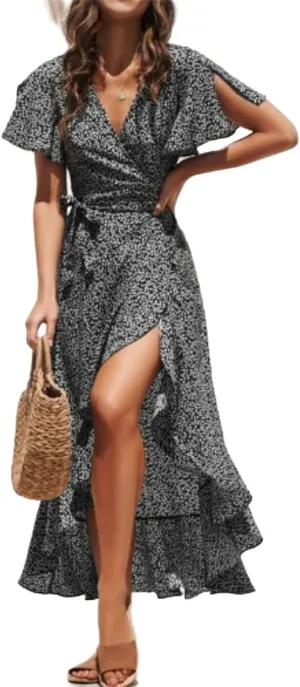 Womens Dresses Bohemian Floral Wrap Maxi Dress Patchwork Casual V Neck Short Sleeve Split Ruffle Long Dress with Belt