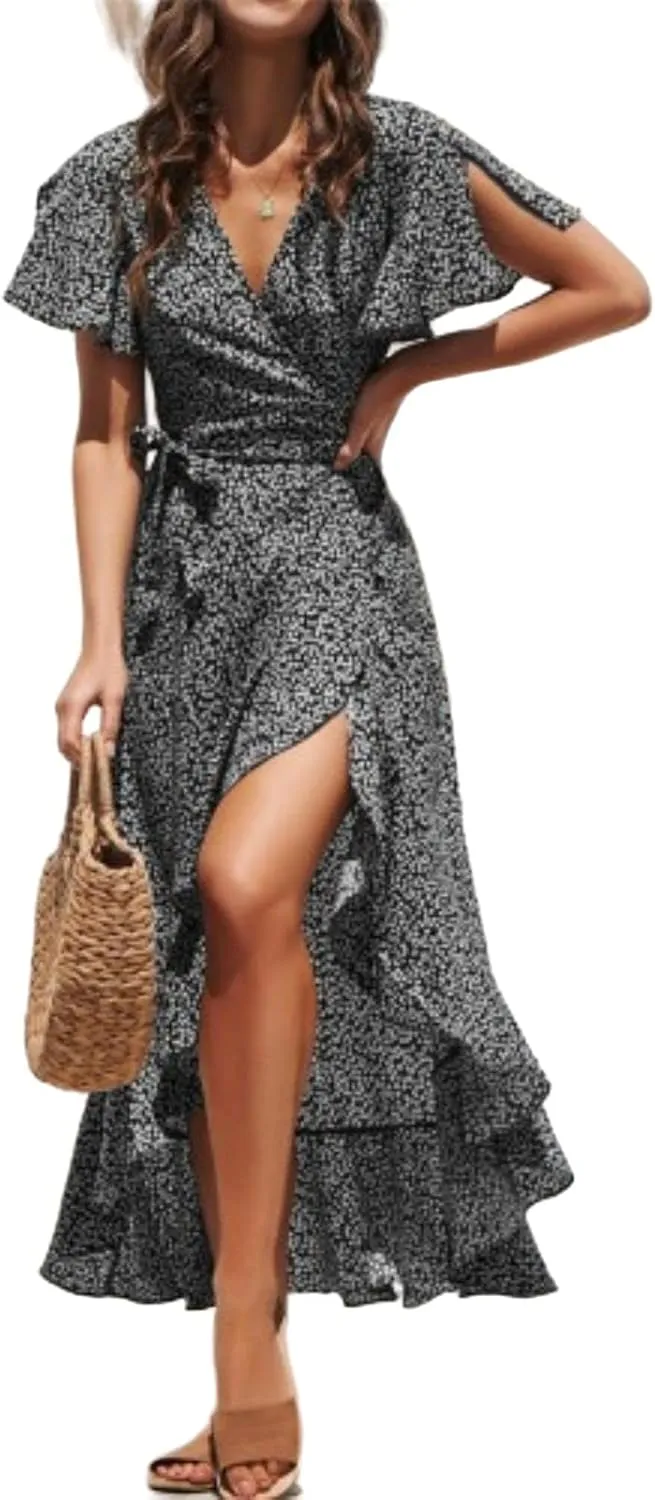 Womens Dresses Bohemian Floral Wrap Maxi Dress Patchwork Casual V Neck Short Sleeve Split Ruffle Long Dress with Belt