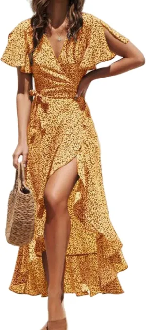 Womens Dresses Bohemian Floral Wrap Maxi Dress Patchwork Casual V Neck Short Sleeve Split Ruffle Long Dress with Belt