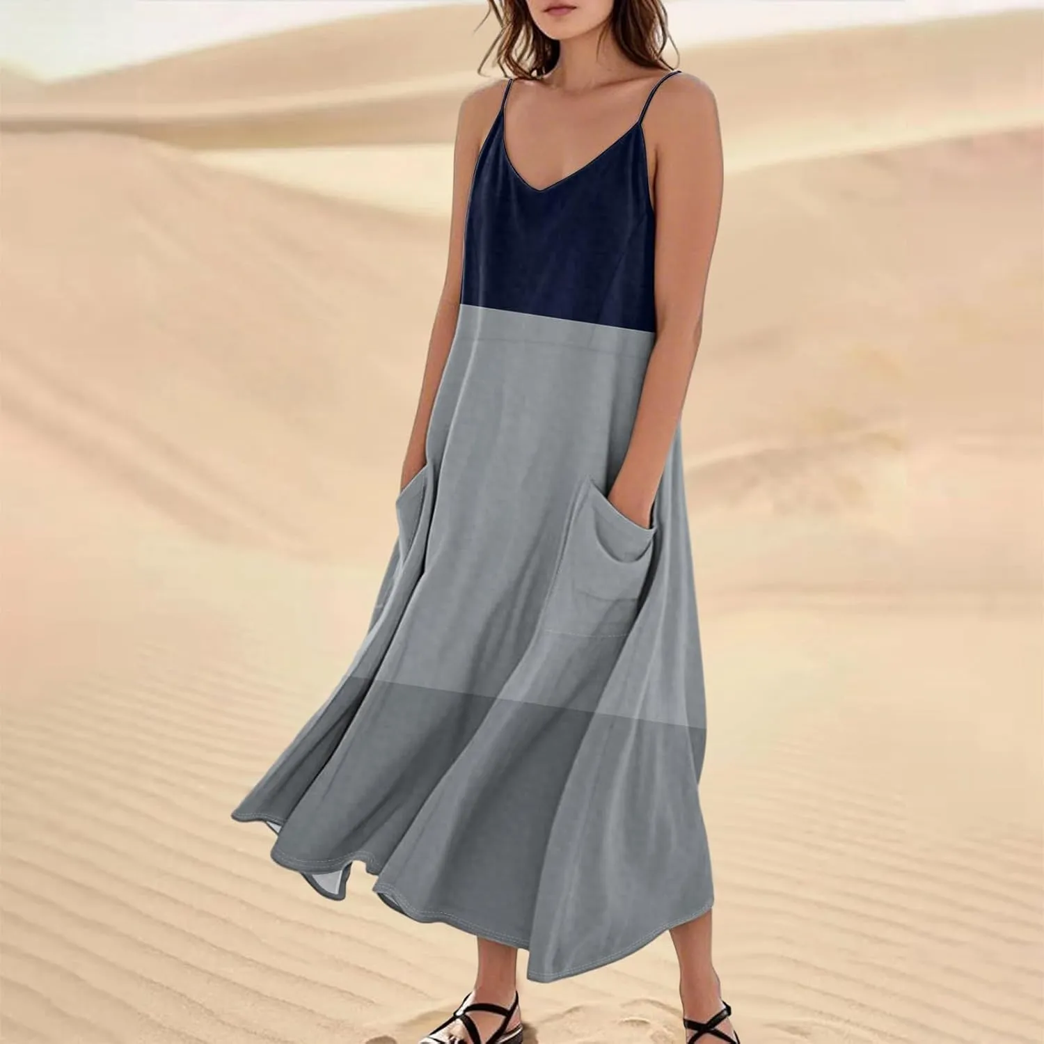 Womens Dresses Cotton Linen Long Dress Summer Sleeveless Elegant Flowy Dresses Loose Comfy Dress with Pockets