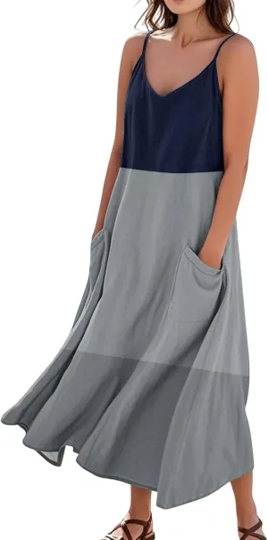 Womens Dresses Cotton Linen Long Dress Summer Sleeveless Elegant Flowy Dresses Loose Comfy Dress with Pockets
