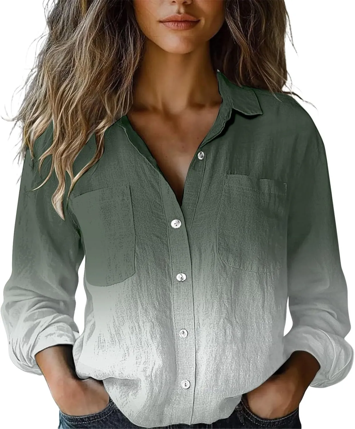 Womens Dressy Linen Shirts Casual Long Sleeve Tops V-Neck Vintage Blouses Loose Fit Work Shirts Trendy Business Tops