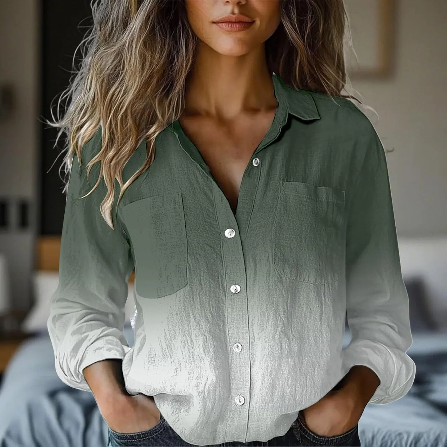 Womens Dressy Linen Shirts Casual Long Sleeve Tops V-Neck Vintage Blouses Loose Fit Work Shirts Trendy Business Tops
