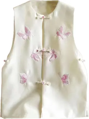 Women's Elegant Embroidered Vest - Crew-Neck Sleeveless Breathable Satin Blouse with Side Splits Wedding Guest Top