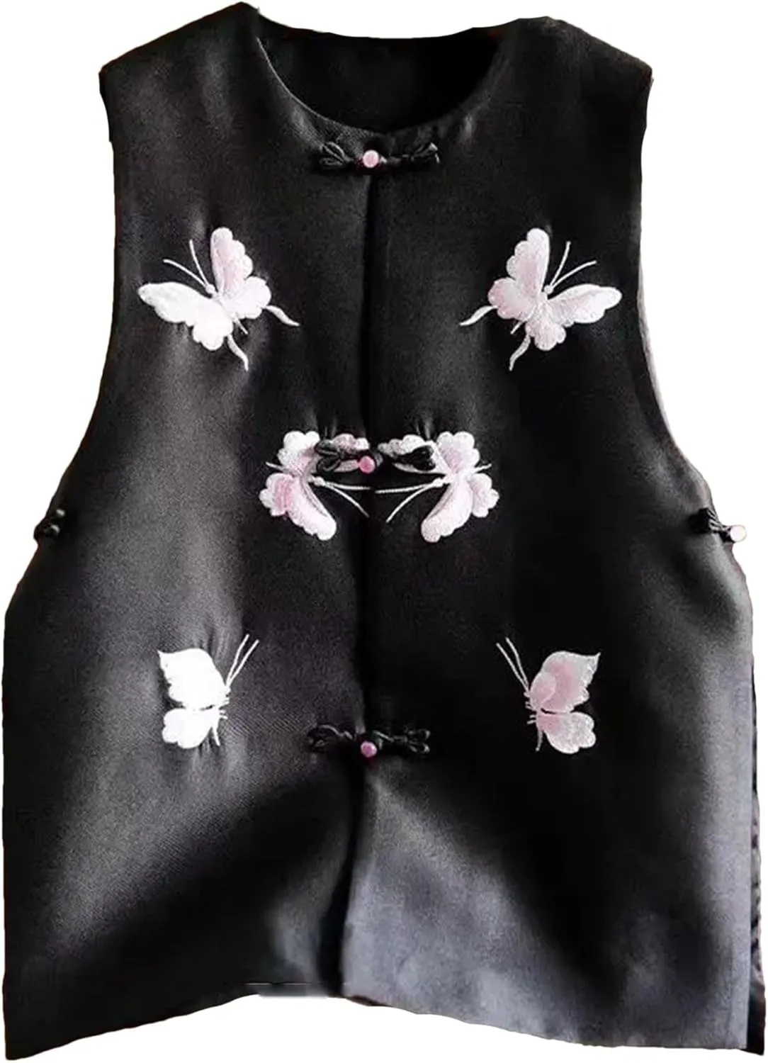 Women's Elegant Embroidered Vest - Crew-Neck Sleeveless Breathable Satin Blouse with Side Splits Wedding Guest Top