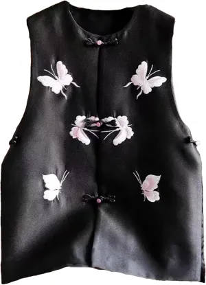 Women's Elegant Embroidered Vest - Crew-Neck Sleeveless Breathable Satin Blouse with Side Splits Wedding Guest Top