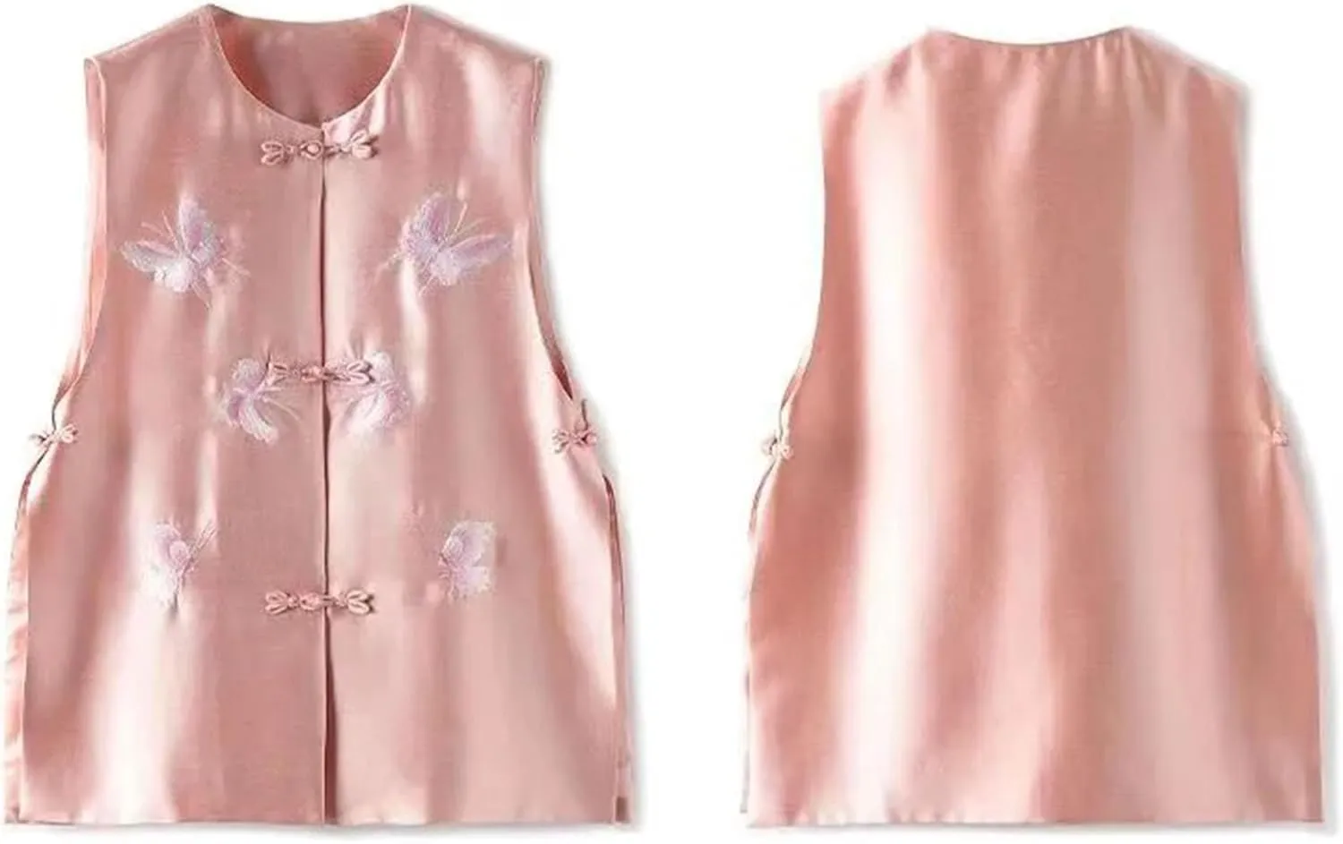 Women's Elegant Embroidered Vest - Crew-Neck Sleeveless Breathable Satin Blouse with Side Splits Wedding Guest Top