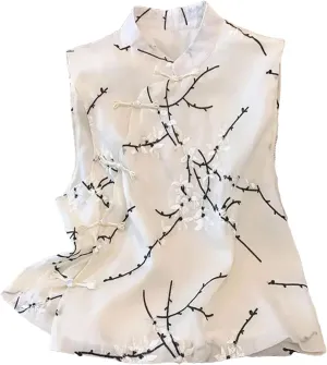 Women's Embroidered Mandarin Collar Vest Breathable Summer Wedding Guest Outfit Sleeveless Irregular Waistcoat