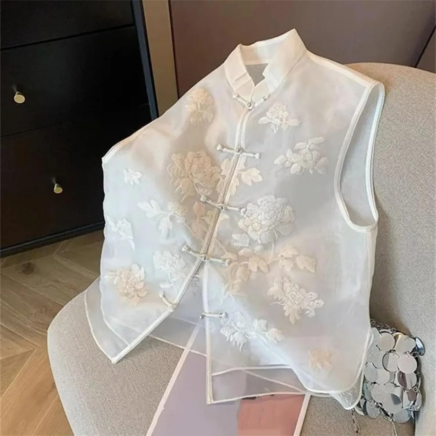 Women's Embroidered Mandarin Collar Vest - Lightweight Organza Summer Sleeveless Shirt Elegant Wedding Guest Top