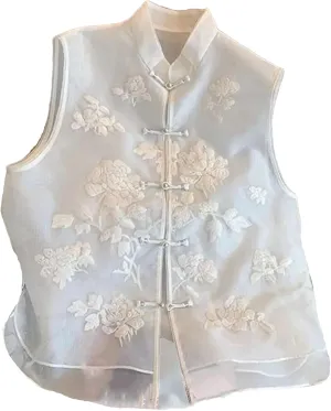 Women's Embroidered Mandarin Collar Vest - Lightweight Organza Summer Sleeveless Shirt Elegant Wedding Guest Top