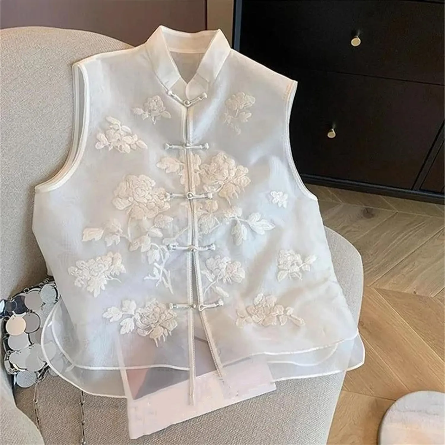 Women's Embroidered Mandarin Collar Vest - Lightweight Organza Summer Sleeveless Shirt Elegant Wedding Guest Top