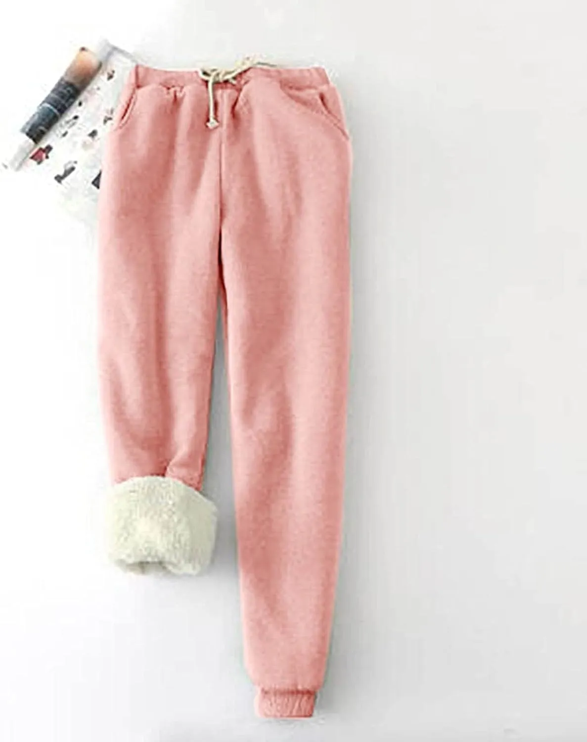 Womens Fleece Pants Sherpa Lined Sweatpants Winter Warm Cashmere Sweat Pants Solid Color Casual Jogger with Pockets
