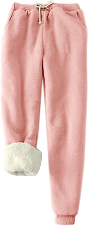 Womens Fleece Pants Sherpa Lined Sweatpants Winter Warm Cashmere Sweat Pants Solid Color Casual Jogger with Pockets