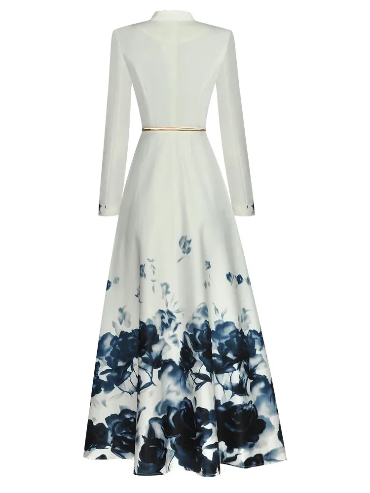 Women's Floral Print Long Sleeve V-Neck Midi Dress