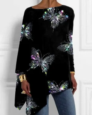 Women's Glitter Butterfly Print Irregular Top