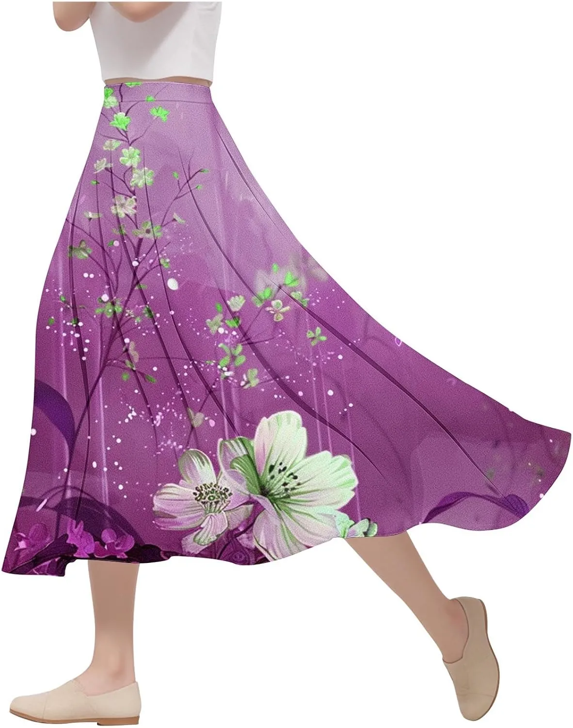Womens High Waist Floral Long Skirts Spring Summer Flowy Boho Skirt Trendy Casual Mid Calf Length Skirt for Vacation