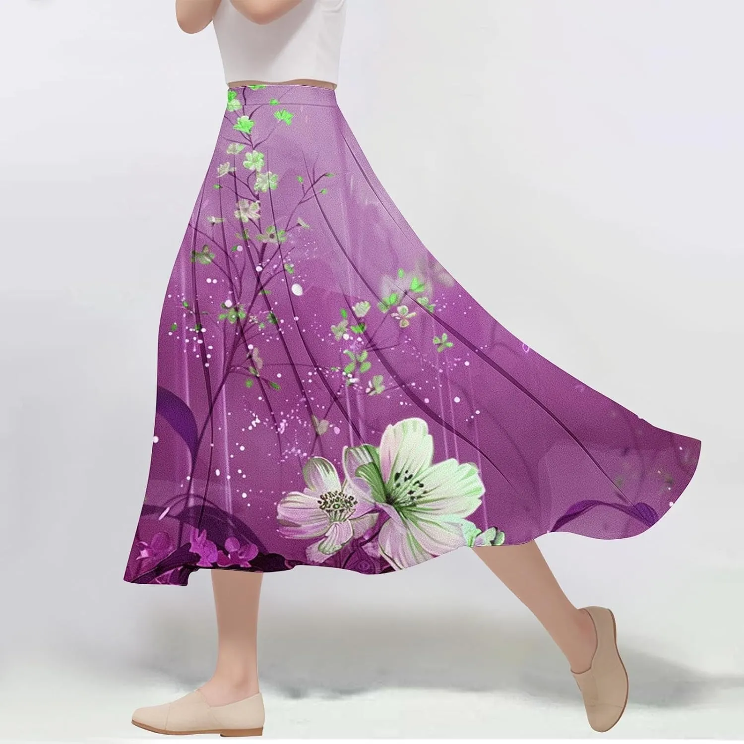Womens High Waist Floral Long Skirts Spring Summer Flowy Boho Skirt Trendy Casual Mid Calf Length Skirt for Vacation