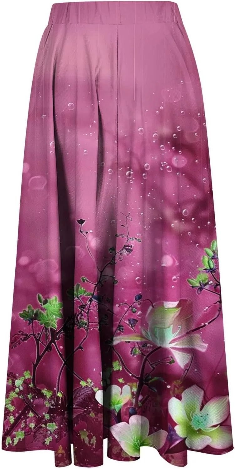 Womens High Waist Floral Long Skirts Spring Summer Flowy Boho Skirt Trendy Casual Mid Calf Length Skirt for Vacation