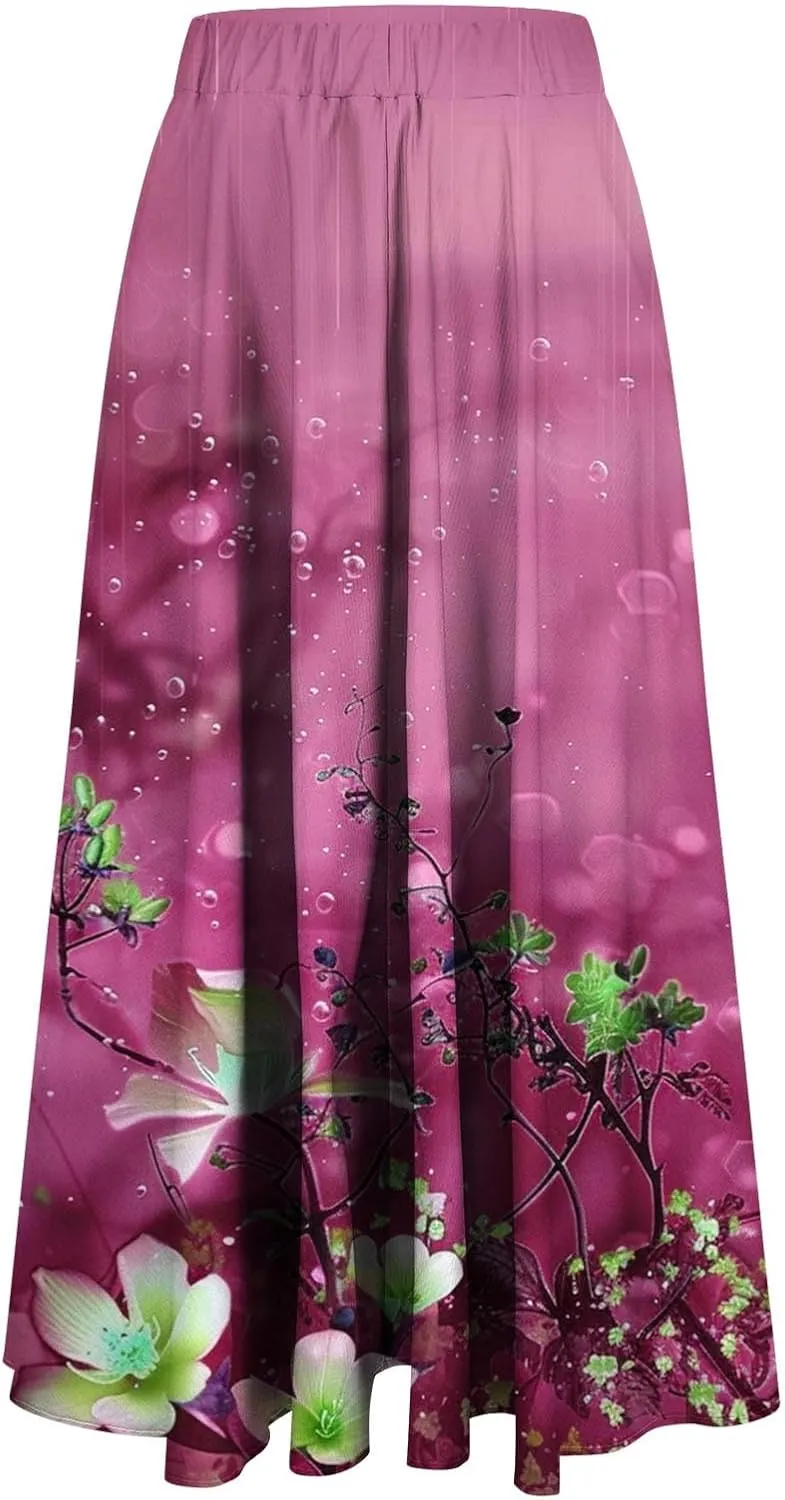 Womens High Waist Floral Long Skirts Spring Summer Flowy Boho Skirt Trendy Casual Mid Calf Length Skirt for Vacation