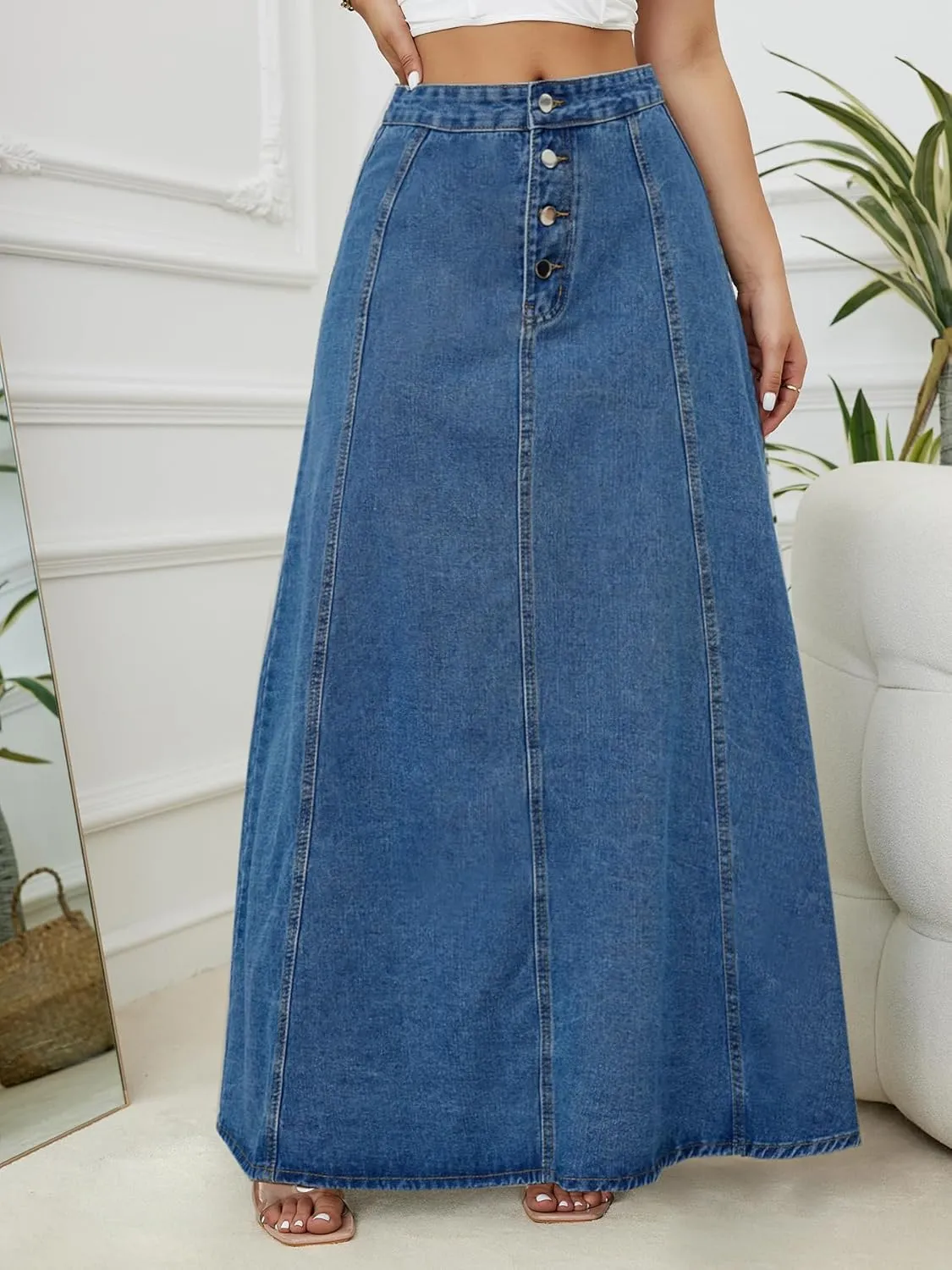 Women's High Waist Maxi Denim Skirt Button Front Patchwork Long A Line Jean Skirts